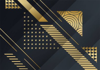 Geometrik Şekil ve Altın Element Birleştirmesi ile Soyut Karanlık Arkaplan. Siyah ve altın lüks modern arka plan