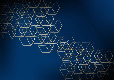 Geometrik Şekil ve Altın Element Birleştirmesi ile Soyut Karanlık Arkaplan. Koyu mavi ve altın arkaplan