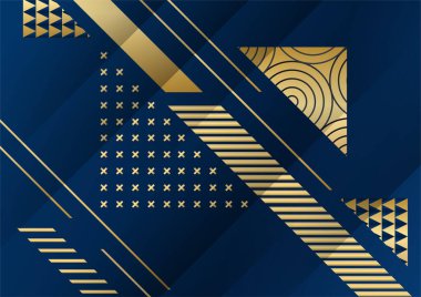 Geometrik Şekil ve Altın Element Birleştirmesi ile Soyut Karanlık Arkaplan. Koyu mavi ve altın arkaplan