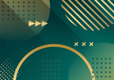 Geometrik Şekil ve Altın Element Birleştirmesi ile Soyut Karanlık Arkaplan. Sunum tasarımı için koyu yeşil ve altın arkaplan, kapak şablonu, afiş, el ilanı, kurumsal rapor ve daha fazlası