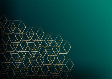 Geometrik Şekil ve Altın Element Birleştirmesi ile Soyut Karanlık Arkaplan. Sunum tasarımı için koyu yeşil ve altın arkaplan, kapak şablonu, afiş, el ilanı, kurumsal rapor ve daha fazlası
