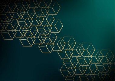 Geometrik Şekil ve Altın Element Birleştirmesi ile Soyut Karanlık Arkaplan. Sunum tasarımı için koyu yeşil ve altın arkaplan, kapak şablonu, afiş, el ilanı, kurumsal rapor ve daha fazlası
