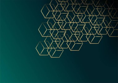 Geometrik Şekil ve Altın Element Birleştirmesi ile Soyut Karanlık Arkaplan. Sunum tasarımı için koyu yeşil ve altın arkaplan, kapak şablonu, afiş, el ilanı, kurumsal rapor ve daha fazlası