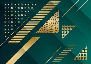 Geometrik Şekil ve Altın Element Birleştirmesi ile Soyut Karanlık Arkaplan. Sunum tasarımı için koyu yeşil ve altın arkaplan, kapak şablonu, afiş, el ilanı, kurumsal rapor ve daha fazlası