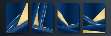 Altın soyut elementlerle mavi arka plan. Mavi altın arka plan çakışan boyut soyut geometrik modern. Üst üste binen altın kaplamalı lacivert arka plan. İş ve şirket için uygun.