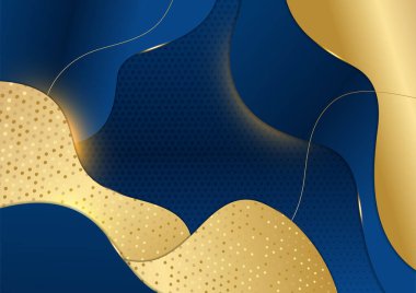 Koyu lacivert ve altın kıvrımlı arka planda parıldayan altın çizgili çizgiler ve parıltılarla. Lüks ve zarif. Soyut şablon tasarımı. Sunum için tasarım, afiş, kapak. Moda Vektörü