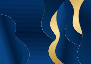 Koyu lacivert ve altın kıvrımlı arka planda parıldayan altın çizgili çizgiler ve parıltılarla. Lüks ve zarif. Soyut şablon tasarımı. Sunum için tasarım, afiş, kapak. Moda Vektörü