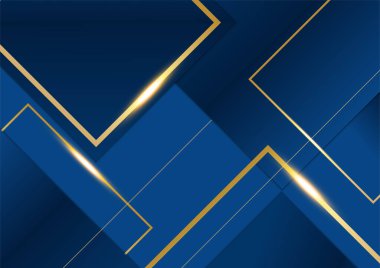 Soyut şablon koyu mavi premium arka plan lüks kareler desen ve altın ışıklandırma çizgileri.