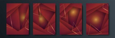 Lüks geometrik kapak tasarımı ya da kırmızı zemin üzerinde altın parlak elementler olan tebrik kartı şablonları. Sosyal medya paylaşımı, mobil uygulamalar, pankart tasarımı ve İnternet reklamları için takım elbise