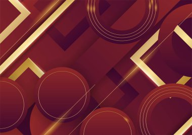 Sunum tasarımı için parlak altın unsurlu koyu kırmızı bir arkaplan. Pankart, poster, kapak şablonu ve daha fazlası için vektör illüstrasyonu