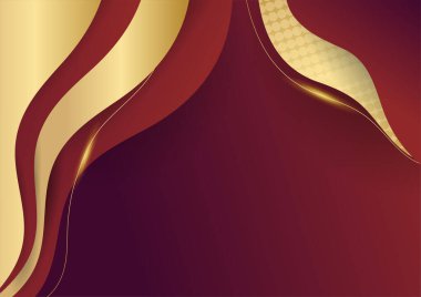 Sunum tasarımı için parlak altın unsurlu koyu kırmızı bir arkaplan. Pankart, poster, kapak şablonu ve daha fazlası için vektör illüstrasyonu
