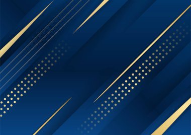 Sunum için altın renkli parlak elementlerle koyu mavi arka plan. Lüks geometrik deseni ve altın ışıklı çizgileri olan soyut koyu mavi lüks premium arka plan