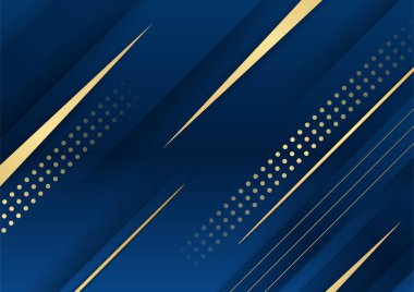 Sunum için altın renkli parlak elementlerle koyu mavi arka plan. Lüks geometrik deseni ve altın ışıklı çizgileri olan soyut koyu mavi lüks premium arka plan