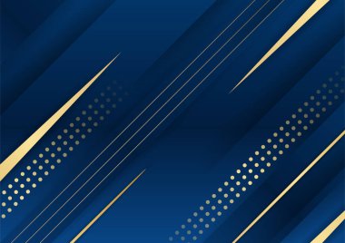 Sunum için altın renkli parlak elementlerle koyu mavi arka plan. Lüks geometrik deseni ve altın ışıklı çizgileri olan soyut koyu mavi lüks premium arka plan