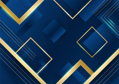 Sunum için altın renkli parlak elementlerle koyu mavi arka plan. Lüks geometrik deseni ve altın ışıklı çizgileri olan soyut koyu mavi lüks premium arka plan
