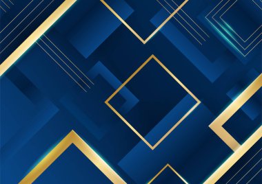 Sunum için altın renkli parlak elementlerle koyu mavi arka plan. Lüks geometrik deseni ve altın ışıklı çizgileri olan soyut koyu mavi lüks premium arka plan