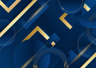 Sunum için altın renkli parlak elementlerle koyu mavi arka plan. Lüks geometrik deseni ve altın ışıklı çizgileri olan soyut koyu mavi lüks premium arka plan