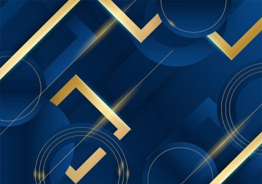 Sunum için altın renkli parlak elementlerle koyu mavi arka plan. Lüks geometrik deseni ve altın ışıklı çizgileri olan soyut koyu mavi lüks premium arka plan