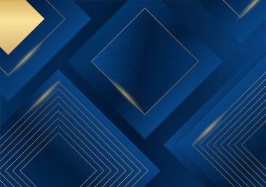 Sunum için altın renkli parlak elementlerle koyu mavi arka plan. Lüks geometrik deseni ve altın ışıklı çizgileri olan soyut koyu mavi lüks premium arka plan