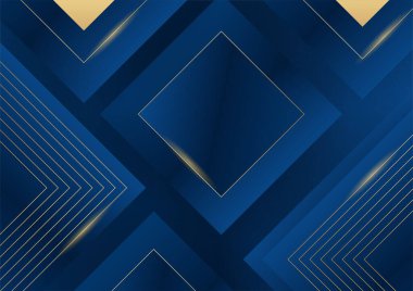 Sunum için altın renkli parlak elementlerle koyu mavi arka plan. Lüks geometrik deseni ve altın ışıklı çizgileri olan soyut koyu mavi lüks premium arka plan