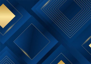 Sunum için altın renkli parlak elementlerle koyu mavi arka plan. Lüks geometrik deseni ve altın ışıklı çizgileri olan soyut koyu mavi lüks premium arka plan