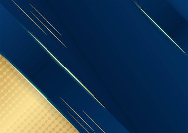 Sunum için altın renkli parlak elementlerle koyu mavi arka plan. Lüks geometrik deseni ve altın ışıklı çizgileri olan soyut koyu mavi lüks premium arka plan