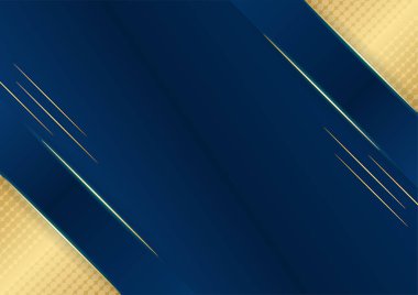 Sunum için altın renkli parlak elementlerle koyu mavi arka plan. Lüks geometrik deseni ve altın ışıklı çizgileri olan soyut koyu mavi lüks premium arka plan