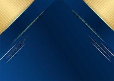 Sunum için altın renkli parlak elementlerle koyu mavi arka plan. Lüks geometrik deseni ve altın ışıklı çizgileri olan soyut koyu mavi lüks premium arka plan