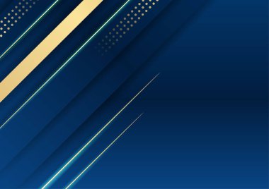 Sunum için altın renkli parlak elementlerle koyu mavi arka plan. Lüks geometrik deseni ve altın ışıklı çizgileri olan soyut koyu mavi lüks premium arka plan