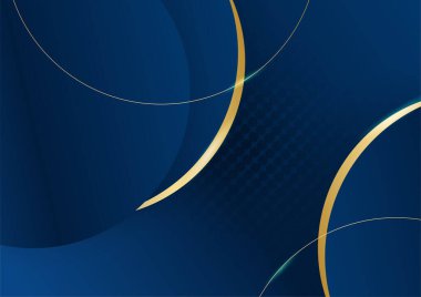 Sunum için altın renkli parlak elementlerle koyu mavi arka plan. Lüks geometrik deseni ve altın ışıklı çizgileri olan soyut koyu mavi lüks premium arka plan