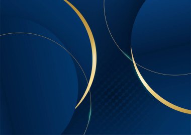 Sunum için altın renkli parlak elementlerle koyu mavi arka plan. Lüks geometrik deseni ve altın ışıklı çizgileri olan soyut koyu mavi lüks premium arka plan