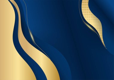 Sunum için altın renkli parlak elementlerle koyu mavi arka plan. Lüks geometrik deseni ve altın ışıklı çizgileri olan soyut koyu mavi lüks premium arka plan