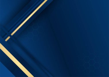 Sunum için altın renkli parlak elementlerle koyu mavi arka plan. Lüks geometrik deseni ve altın ışıklı çizgileri olan soyut koyu mavi lüks premium arka plan