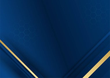 Sunum için altın renkli parlak elementlerle koyu mavi arka plan. Lüks geometrik deseni ve altın ışıklı çizgileri olan soyut koyu mavi lüks premium arka plan