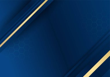 Sunum için altın renkli parlak elementlerle koyu mavi arka plan. Lüks geometrik deseni ve altın ışıklı çizgileri olan soyut koyu mavi lüks premium arka plan