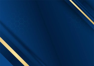 Sunum için altın renkli parlak elementlerle koyu mavi arka plan. Lüks geometrik deseni ve altın ışıklı çizgileri olan soyut koyu mavi lüks premium arka plan