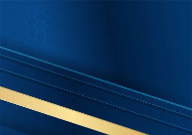 Sunum için altın renkli parlak elementlerle koyu mavi arka plan. Lüks geometrik deseni ve altın ışıklı çizgileri olan soyut koyu mavi lüks premium arka plan
