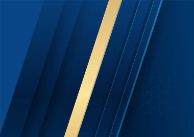 Sunum için altın renkli parlak elementlerle koyu mavi arka plan. Lüks geometrik deseni ve altın ışıklı çizgileri olan soyut koyu mavi lüks premium arka plan