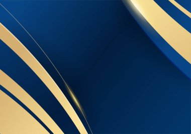 Sunum için altın renkli parlak elementlerle koyu mavi arka plan. Lüks geometrik deseni ve altın ışıklı çizgileri olan soyut koyu mavi lüks premium arka plan