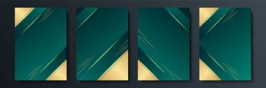 Eğim ve geometrik kesişim çizgisi şekilli minimalist vektör kapakları tasarımı. Koyu yeşil ve altın pankart tasarımı. Modern kapak şablonları ayarlandı