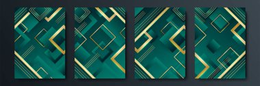 Eğim ve geometrik kesişim çizgisi şekilli minimalist vektör kapakları tasarımı. Koyu yeşil ve altın pankart tasarımı. Modern kapak şablonları ayarlandı