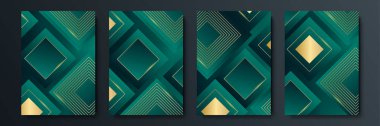 Eğim ve geometrik kesişim çizgisi şekilli minimalist vektör kapakları tasarımı. Koyu yeşil ve altın pankart tasarımı. Modern kapak şablonları ayarlandı