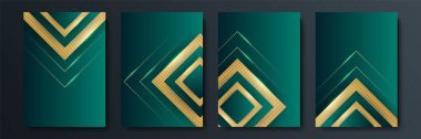 Eğim ve geometrik kesişim çizgisi şekilli minimalist vektör kapakları tasarımı. Koyu yeşil ve altın pankart tasarımı. Modern kapak şablonları ayarlandı