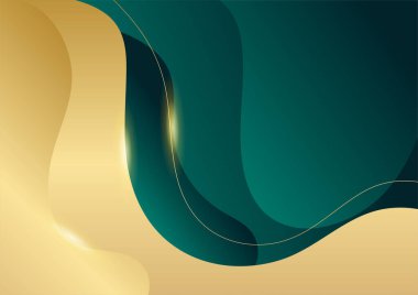 Soyut yeşil dalga arka plan vektörü. Lüks yeşil arka plan, altın çizgilerle birleşiyor. Üst üste bindirilmiş arkaplan