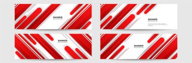 Üç boyutlu üst üste binen ve dalga şekilli soyut kırmızı pankart seti. Geometrik, çokgen soyut arka plan, doku, reklam düzeni. Web sayfası. Web sitesi için başlık.