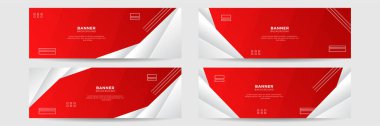 Üç boyutlu üst üste binen ve dalga şekilli soyut kırmızı pankart seti. Geometrik, çokgen soyut arka plan, doku, reklam düzeni. Web sayfası. Web sitesi için başlık.