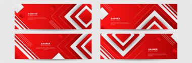 Üç boyutlu üst üste binen ve dalga şekilli soyut kırmızı pankart seti. Geometrik, çokgen soyut arka plan, doku, reklam düzeni. Web sayfası. Web sitesi için başlık.