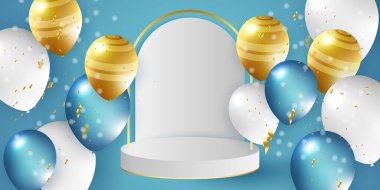 Helyum balonlarıyla şenlikli bir arka plan. Doğum gününü kutla, poster, afiş, mutlu yıldönümleri. Gerçekçi dekoratif tasarım unsurları. Vektör 3d nesne balonu, mavi ve altın rengi.