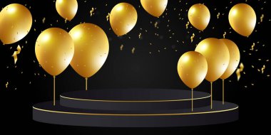 Siyah altın beyaz balonlar, konfeti tasarımı tatil şablonu Mutlu Gün, arka plan kutlama vektörü illüstrasyonu.