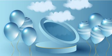 Mavi balonlar, vektör çizimi. Kutlama arka plan şablonu. Altın konfeti ve balonlarla kutlama pankartı. 3D gerçekçi altın hava balonuyla mutlu yıllar.